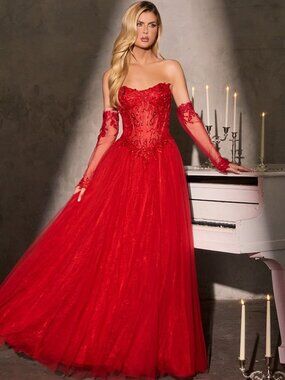 FORMAL DRESS. STRAPLESS RED OR NAVY BLUE GOWN WITH GLOVES PROM PARTY PAGEANT